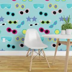 Pre-Pasted Wallpaper 2FT Wide Blue Retro Colorful Beach Groovy Pale Sunglasses Eyewear Sunny Summer Glasses Large Scale Custom Pre-pasted Wallpaper by Spoonflower