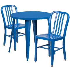 Emma and Oliver Commercial Grade 30" Round Metal Indoor-Outdoor Table Set & 2 Slat Back Chairs Blue