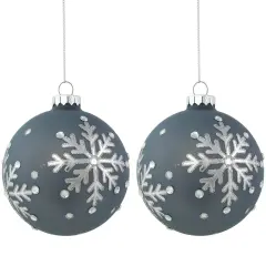 Northlight Glitter Mirrored Snowflakes Christmas Glass Ball Ornaments - 4" - Slate Blue - Set of 2