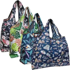 Wrapables Large Foldable Tote Nylon Reusable Grocery Bags, 4 Pack Dogs & Greenery
