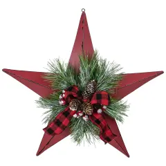 Northlight 17" Red distressed 5 point Christmas Star With Plaid Ribbon with Artificial Pine