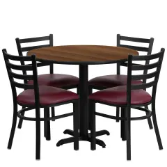 Emma and Oliver 36" Round Laminate X-Base Table Set with 4 Ladder Back Chairs Walnut/BurgundyVYL
