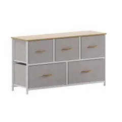 Emma and Oliver Marley 5 Drawer Storage Dresser with Cast Iron Frame, Wood Top and Easy Pull Fabric Drawers with Wooden Handles BeigeDrawer/White