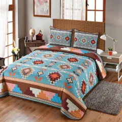 De Leon Collection 90" Blue and Orange Southwestern Beauty Queen Bedding Set