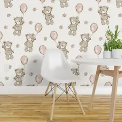 Pre-Pasted Wallpaper 2FT Wide Teddy Bear Pink Balloons Shower Small Scale Custom Pre-pasted Wallpaper by Spoonflower