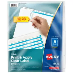 Avery 5 Tab Dividers for 3 Ring Binder, Easy Print & Apply Clear Label Strip, Index Maker Customizable White Tabs, 5 Sets (11436)