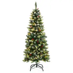 Pre-lit Artificial Pencil Christmas Tree with Pine Cones and Red Berries