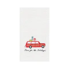 27" x 18""Home For Holidays" Sentiment with Red Station Wagon Car Cotton Embroidered & Waffle Weave Kitchen DIsh Towel