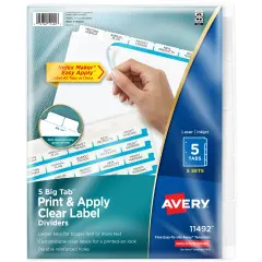 Avery 5 Big Tab Dividers for 3 Ring Binder, Easy Print & Apply Clear Label Strip, Index Maker Customizable White Tabs, 5 Sets (11492)
