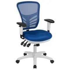 Emma and Oliver Mid-Back Mesh Triple Paddle Swivel Ergonomic Office Chair with Adjustable Arms BlueMesh/WhiteFrame