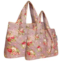 Wrapables Large & Small Foldable Tote Nylon Reusable Grocery Bags, Set of 2 Roses on Khaki