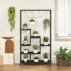 6-tier Tall Plant Stand 71" Metal Indoor Plant Shelf With 10 Hanging Hooks Black