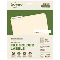 Avery EcoFriendly Recycled File Folder Labels, 2/3" x 3-7/16", White, Permanent Label Adhesive, 750 Printable Labels (48266)