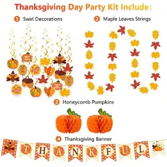 Thanksgiving Decorations 40 PCS, Pre-Assembled Thanksgiving Banner, Hanging Swirls, Fall Leaves Garland and Honeycomb Pumpkins for Thanksgiving Decor, Fall decor, Thanksgiving Decorations for Home
