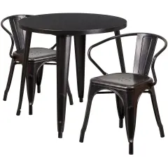 Emma and Oliver Commercial Grade 30" Round Metal Indoor-Outdoor Table Set with 2 Arm Chairs Black-Antique Gold