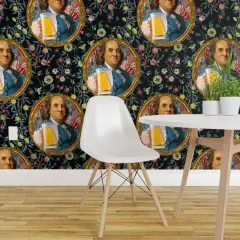 Pre-Pasted Wallpaper 2FT Wide Benjamin Franklin Beer Floral Botanical Portrait Multicolor Constitution Bar Political Figure Historic Figures Pub Funny Cheers Large Scale Custom Pre-pasted Wallpaper by Spoonflower