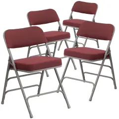 Emma and Oliver 4 Pack Premium Curved Triple Braced & Hinged Fabric Upholstered Metal Folding Chair Burgundy