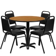 Emma and Oliver 36" Round Laminate X-Base Table Set with 4 Banquet Chairs NaturalTop/BlackVYL
