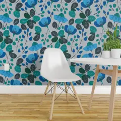 Peel & Stick Wallpaper 2FT Wide Blue Floral Botanical Daisy Meadow Spring Summer Cottagecorre French Country Large Scale Custom Removable Wallpaper by Spoonflower