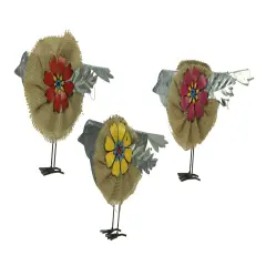 Metal and Burlap Rustic Flower Bird Sculptures Set of 3