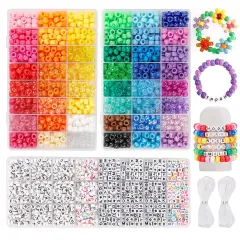 3960 Pieces Pony Beads for Bracelet Making Kit 48 Colors Kandi Beads Set, 2400 Pieces Plastic Rainbow Bead Bulk and 1560pcs Letter Beads with 20 Meter Elastic Threads for Craft Jewelry Necklace