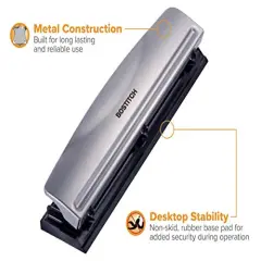 Office Premium 3 Hole Punch, 12 Sheet Capacity, Metal, Rubber Base, Easy-Clean Tray, Silver