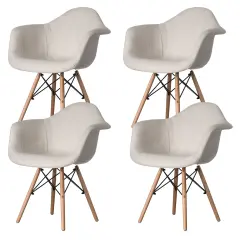 Mid-Century Modern Style Fabric Lined Armchair with Beech Wooden Legs White Set of 4
