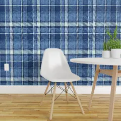 Pre-Pasted Wallpaper 2FT Wide Monochrome Plaid Blue Farmhouse Custom Pre-pasted Wallpaper by Spoonflower