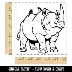 Jolly White Rhinoceros with Bird Friends Self-Inking Rubber Stamp Ink Stamper Black
