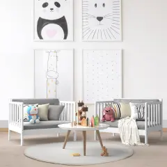 Rubber Wood 2-in-1 Convertible Kids Bed with Guardrails and Chairs White