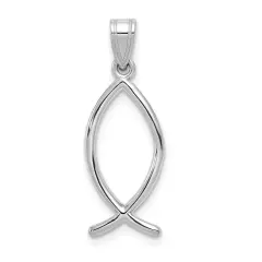 14K White Gold Ichthus Fish Charm Pendant Religious Jewerly 26mm x 9mm