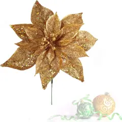 Gold Glitter Poinsettia Picks, Sparkling Decorative Flowers for Christmas Holiday Crafts & Arrangements, Perfect Festive Accents by Floral Home