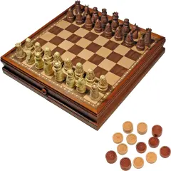 WE Games Medieval Chess & Checkers Game Set - Wood Board with Storage Drawers 15 in.