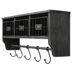 HBCY Creations Rustic Coat Rack Wall Mounted Shelf with Hooks & Baskets, Entryway Organizer Wall Shelf with 5 Coat Hooks and Cubbies Black Wash