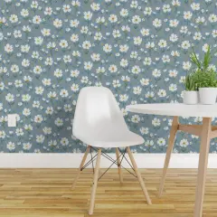 Pre-Pasted Wallpaper 2FT Wide Blue Botanical Hand Painted White Flower Summer Floral Gold Flowers Spring Boho Light Gray Florals Whimsical Medium Scale Custom Pre-pasted Wallpaper by Spoonflower