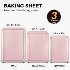 3 Pack Baking Sheet Pan Set, Cookie Sheet for Oven, Nonstick Bakeware Sets with Wider Grips, Half/Jelly Roll/Quarter Baking Tray, Premium, Dishwasher Safe-Pink