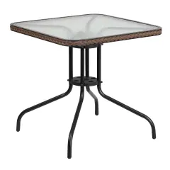 Emma and Oliver 28" Square Tempered Glass Metal Table with Rattan Edging Clear/DarkBrown