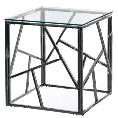 Modern Square End Side Table, Tempered Glass Top Metal Coffee Table Silver