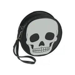 Textured Black Vinyl Skull Design Round Wristlet Purse with Removable Strap