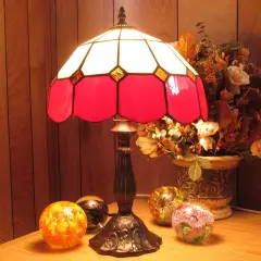 Red and White Tiffany Stained Glass Shade & Lamp Base - Perfect for a Living Room, Bedroom, Office, & More