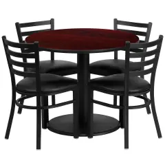 Emma and Oliver 36" Round Laminate Table Set with 4 Ladder Back Metal Chairs MahoganyTop/BlackVYL