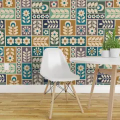 Pre-Pasted Wallpaper 2FT Wide Folk Floral Scandi Botanical Geometric Multicolor Daisy Scandinavian Blue Yellow Custom Pre-pasted Wallpaper by Spoonflower