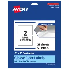 Avery Glossy Clear Rectangle Labels with Sure Feed, 4" x 6"