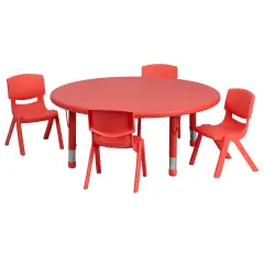 Emma and Oliver 45" Round Plastic Height Adjustable Activity Table Set with 4 Chairs Red