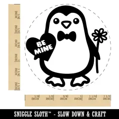 Penguin with Heart and Flower Valentine Self-Inking Rubber Stamp for Stamping Crafting Planners Black