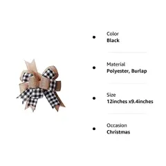 Black White Plaid Gift Bows Burlap Wreaths Bows Christmas Tree Topper for Wedding Holiday Birthday Party Decoration 12" x 9.4"