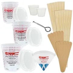 Premium Paint Mixing Essentials Kit. Comes with 12 Mixing Cups, 6 Lids, 12 Wooden 12" Mixing Sticks, 12 Wooden Mini Mixing Paddles, 12 HQ 190 Mesh Paint Strainers & Paint Can Opener.