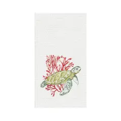 Turtle And Coral Embroidered Waffle Weave Cotton Kitchen Towel