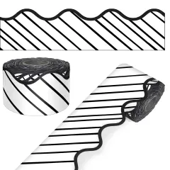 Carson Dellosa 65Ft of Black and White Bulletin Board Borders, 1 Roll of Striped, Scalloped Trim for Rolling Whiteboard, Posterboard, Party, Office Decorations, and Classroom Decor
