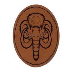 Wooly Mammoth Head Round Iron-On Engraved Faux Leather Patch Applique - 2.5" Brown